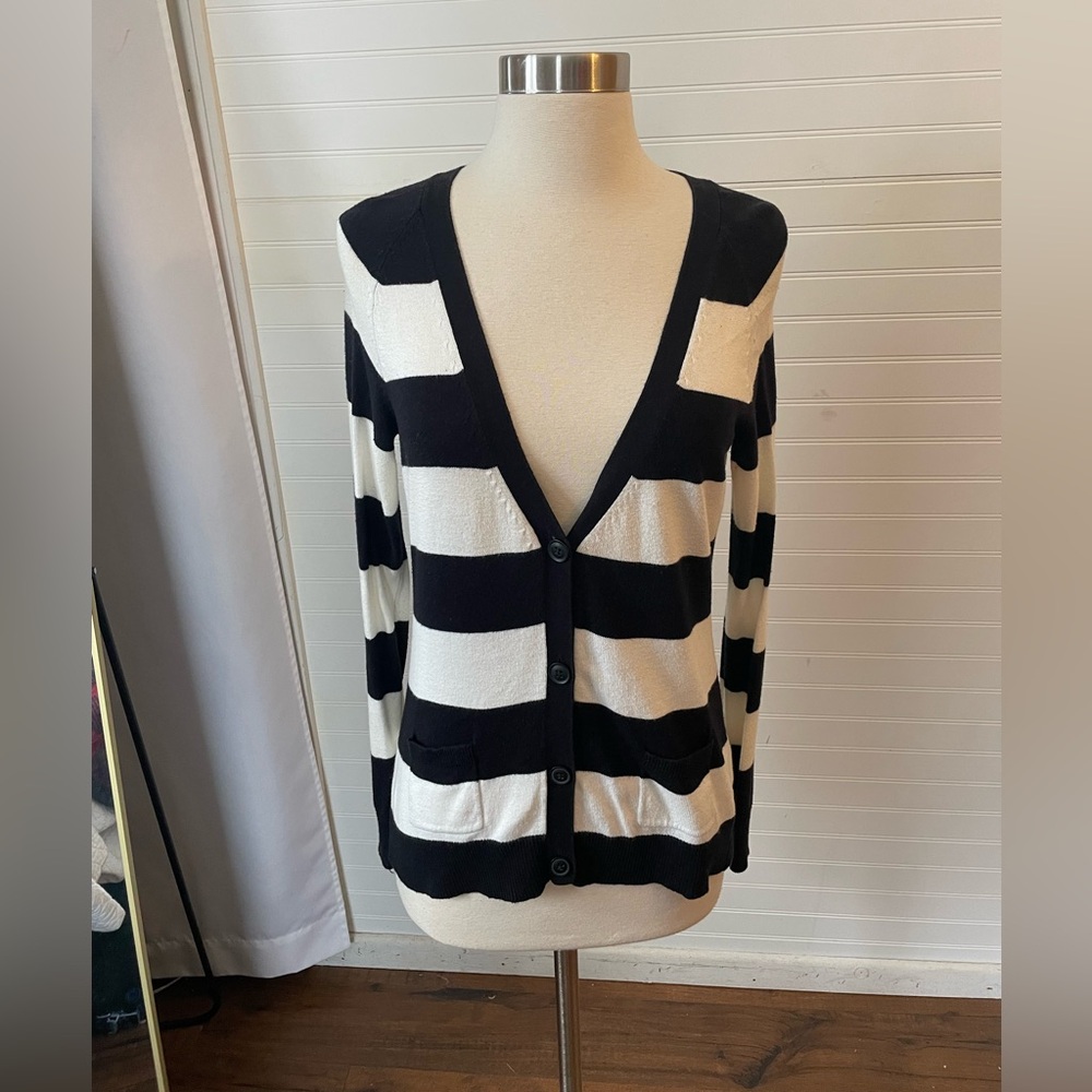 Worthington Black & Off White Striped Cardigan Sweater Size Small Cotton Mix